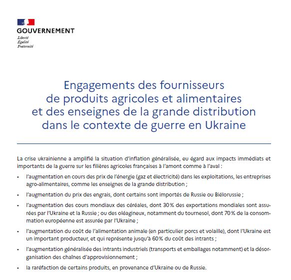Engagements des fournisseurs de produits agricoles et alimentaires et des enseignes de la grande distribution dans le contexte de guerre en Ukraine