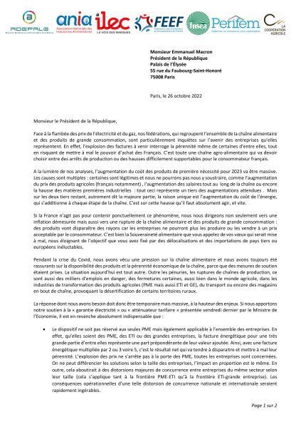 Lettre ouverte commune Adepale, Ania, Ilec, Feef, FNSEA, Coopération agricole et Perifem à Emmanuel Macron