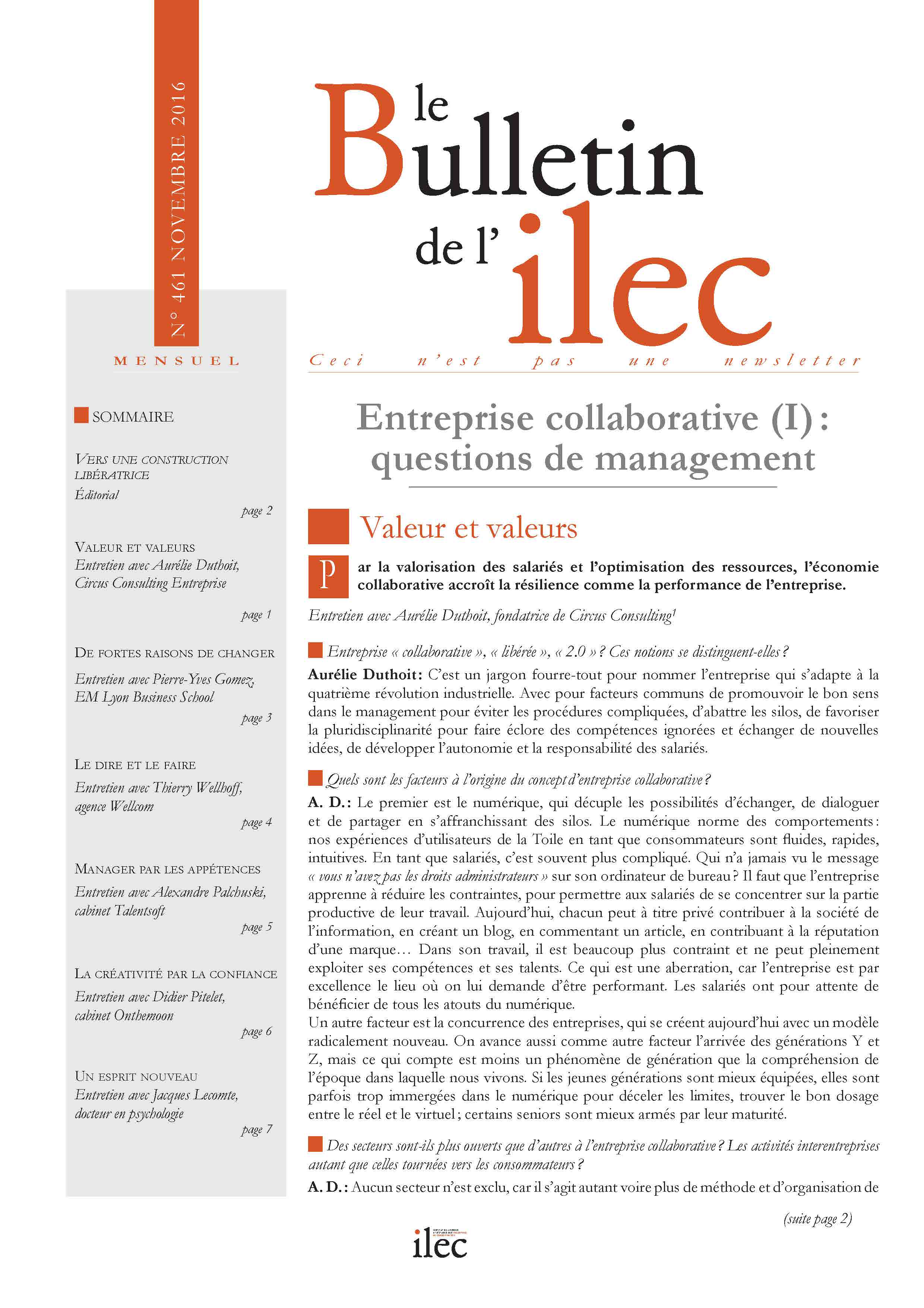 Entreprise collaborative (I) : questions de management  (novembre 2016)