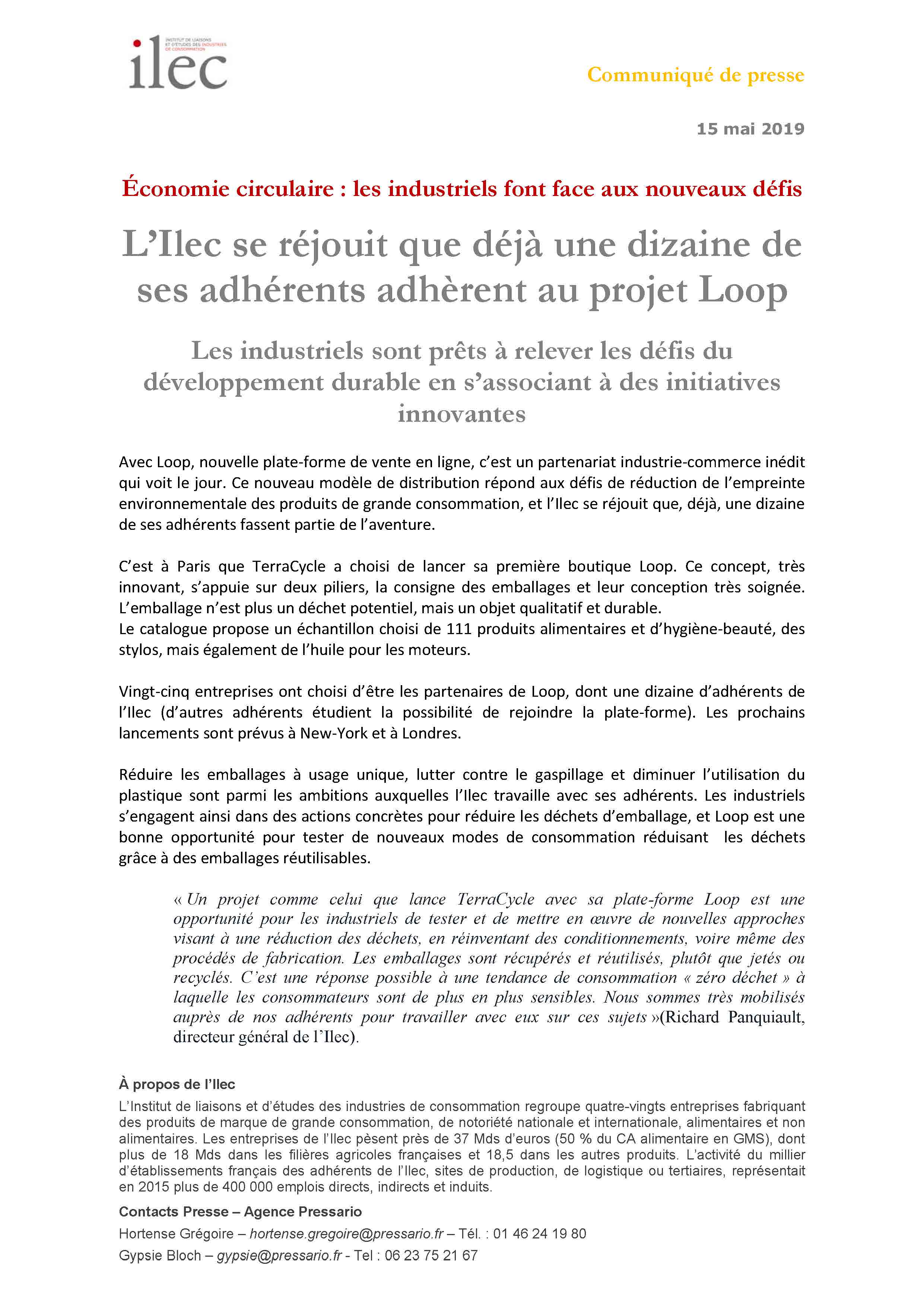 L'Ilec se réjouit que déjà une dizaine de ses adhérents adhèrent au projet Loop (communiqué de presse)