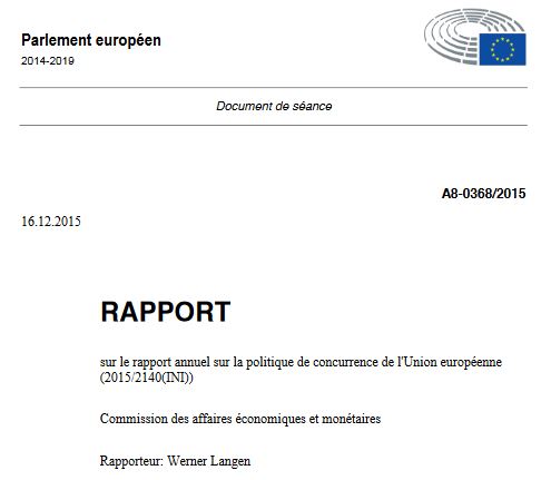 Rapport Langen sur la concurrence, Parlement européen, janvier 2016