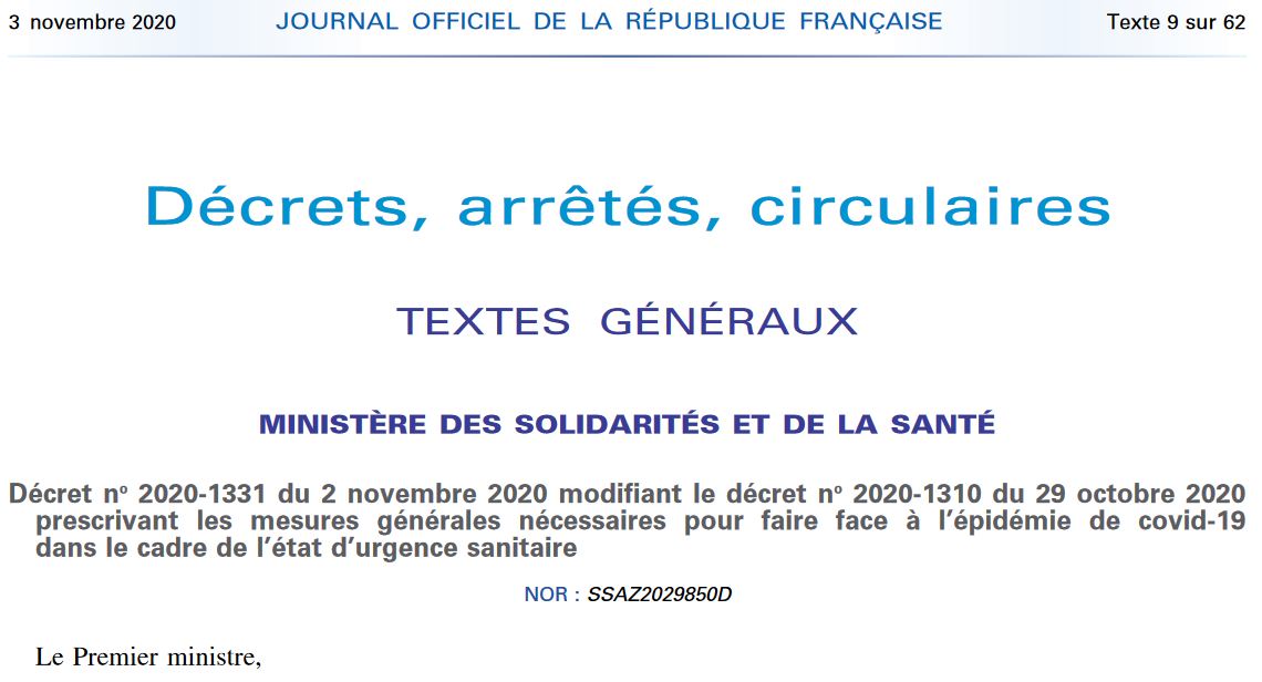 Décret n° 2020-1331 du 2 novembre 2020 modifiant le décret n° 2020-1310 du 29 octobre 2020 (mesures nécessaires face à l'épidémie de Covid-19)