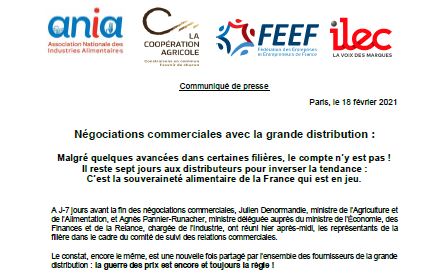 Négociations commerciales avec la grande distribution (Communiqué commun Ania-Coop.Agricole-Feef-Ilec)