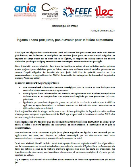 Égalim : sans prix juste, pas d’avenir pour la filière alimentaire (communiqué commun Ania-Coop.Agricole-Feef-Ilec)