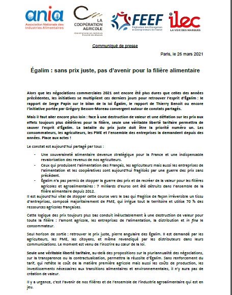 Égalim : sans prix juste, pas d’avenir pour la filière alimentaire (communiqué commun Ania-Coop.Agricole-Feef-Ilec)