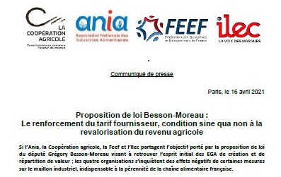 Proposition de loi Besson-Moreau : le renforcement du tarif fournisseur, condition sine qua non à la revalorisation du revenu agricole (communiqué commun Ania-LCA-Feef-Ilec)
