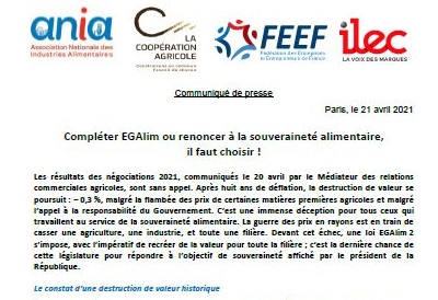 Compléter Égalim ou renoncer à la souveraineté alimentaire, il faut choisir ! (communiqué commun Ania-LCA-Feef-Ilec)