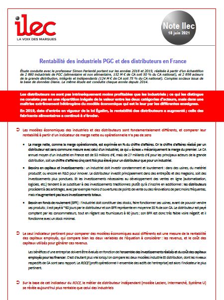 Rentabilité des industriels de PGC et des distributeurs en 2019