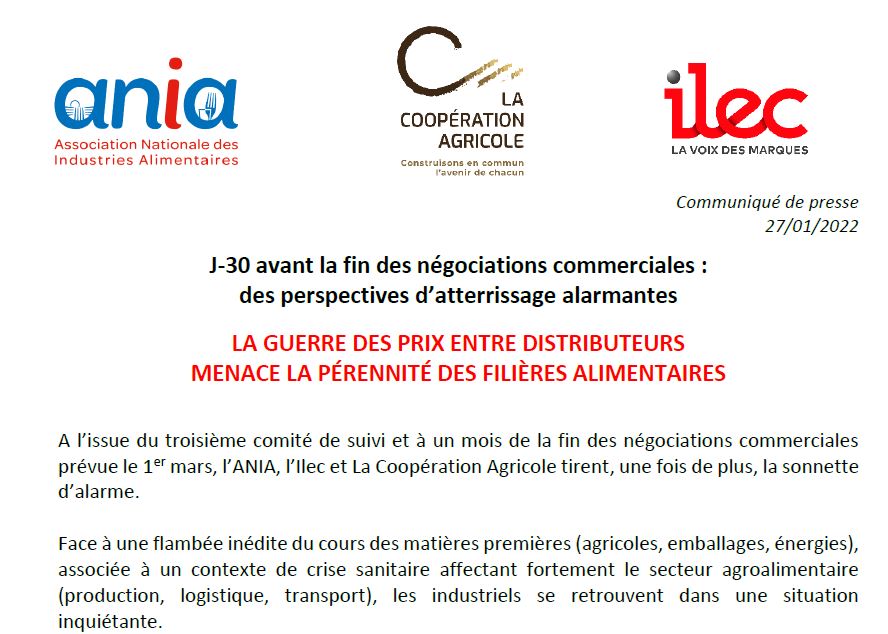 La guerre des prix entre distributeurs menace la pérennité des filières alimentaires (communiqué commun Ania-LCA-Ilec)