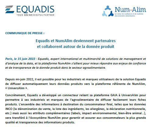 Équadis et NumAlim deviennent partenaires autour de la donnée produit