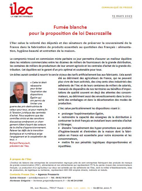 Fumée blanche  pour la proposition de loi Descrozaille (communiqué)