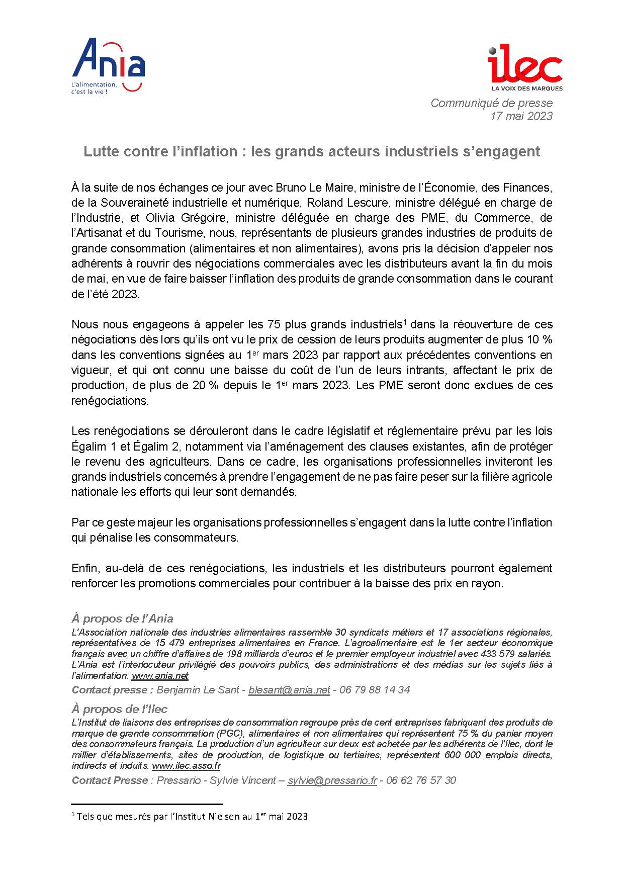 Lutte contre l’inflation : les grands acteurs industriels s’engagent (communiqué Ilec-Ania)