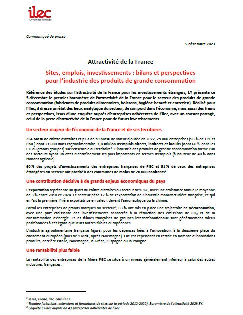 Attractivité de la France. Sites, emplois, investissements : bilans et perspectives pour l’industrie des produits de grande consommation (communiqué)